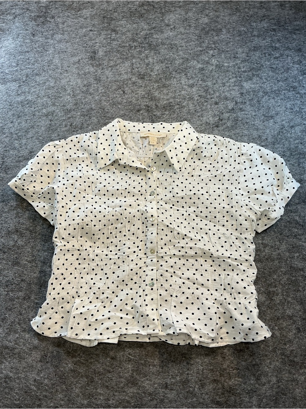 Monteau White Short-Sleeve Button-Down Blouse with Black Polka Dots Size XL